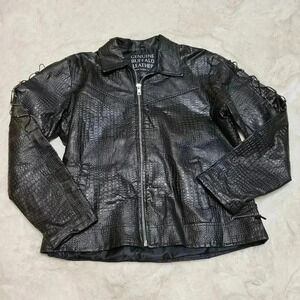 Navarre Croc Embossed Black Buffalo Leather Embroidered Rose Moto Jacket Biker